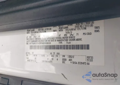 2015 Ford Transit-250 z USA, uszkodzony, nr VIN 1FTNR3XV2FKB10933